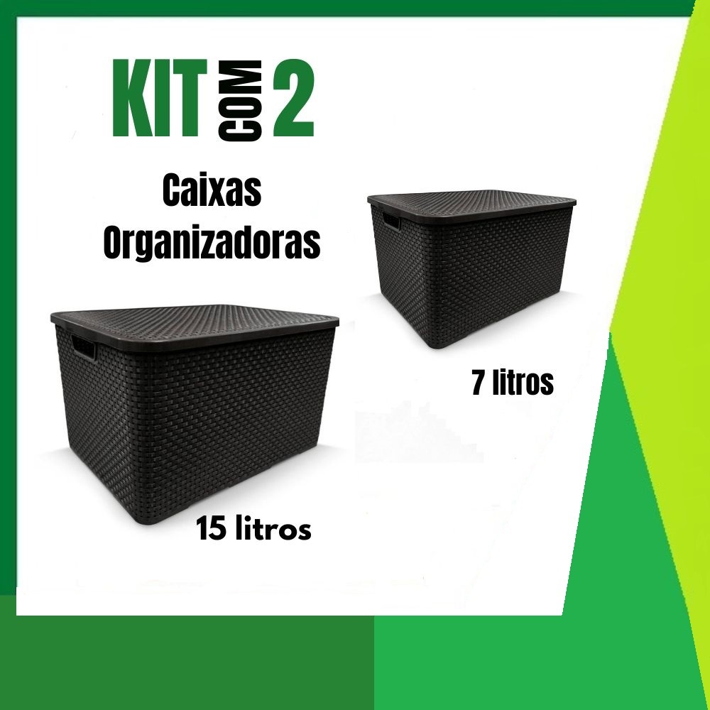 Kit Caixa Cesto Pl Stica Organizadora Multiuso Tampa Rattan Preta