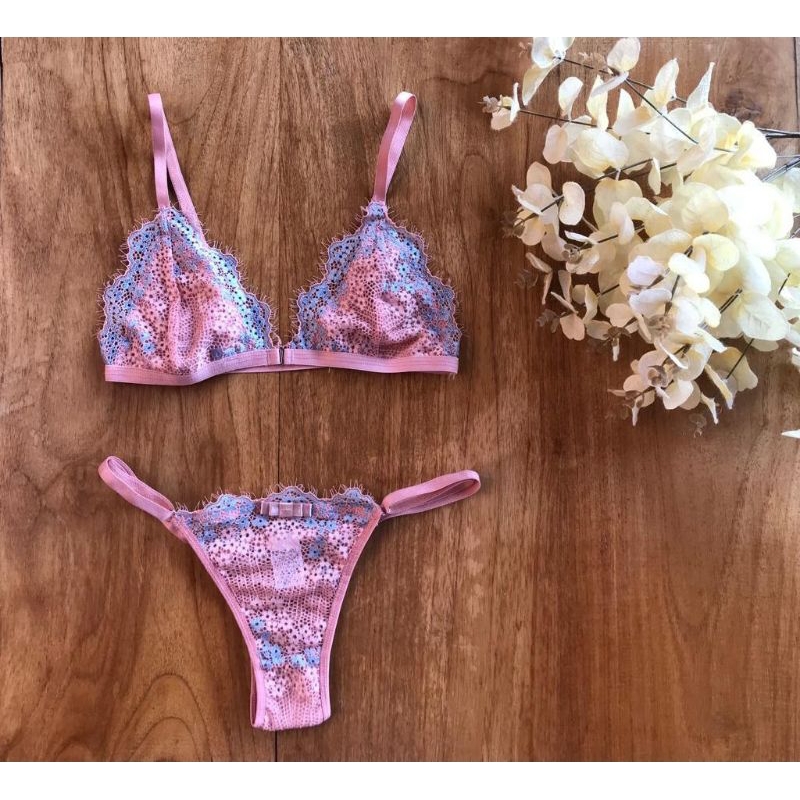 Conjunto Renda Bicolor Lingerie Sexy Sem Bojo Calcinha Fio Dental