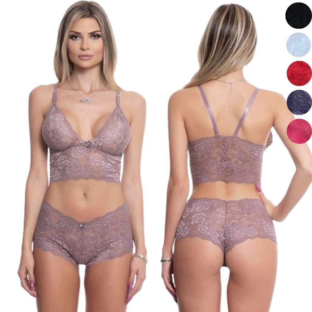 Conjunto Lingerie Sexy Calcinha E Suti Feminina Em Renda Cropped E