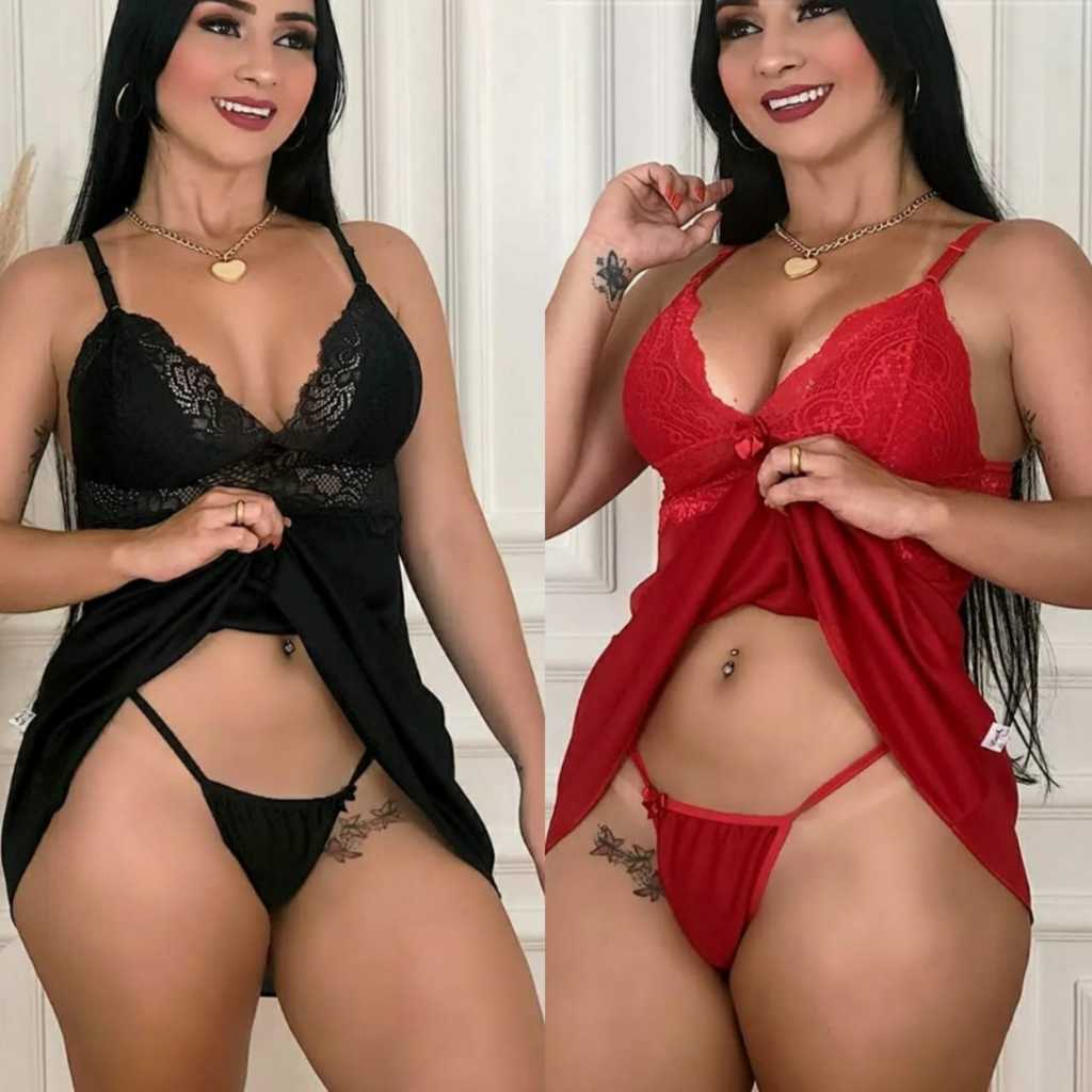 Camisola Feminina Sensual Sexy Lingerie Pijama Renda Acompanha