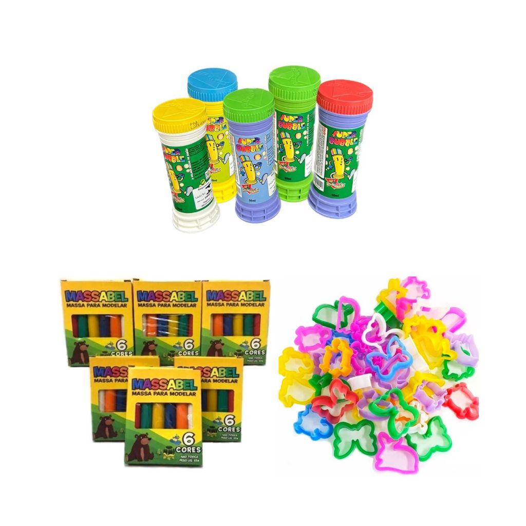 Kit 30 Bolhas de Sabão 30 Cxs de Massinha 30 Cortadores Festa e