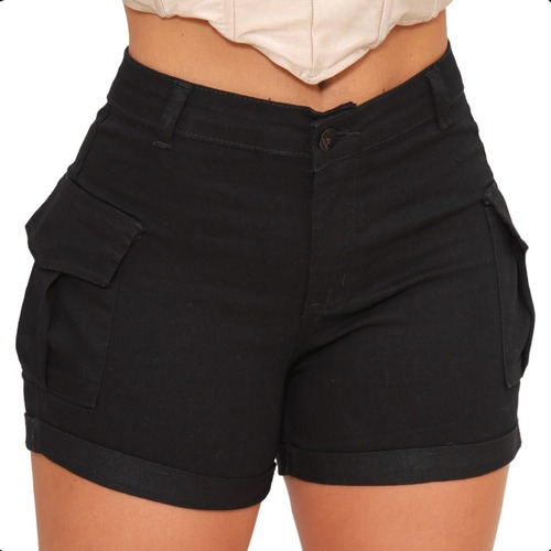 Short Cargo Jeans Sarja Preto Feminino Cintura Alta Modela Bumbum Linha