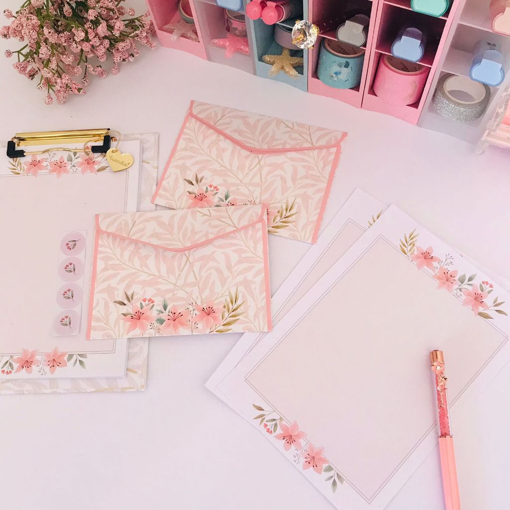 Kit Papel De Carta Envelope E Folhas Decoradas La Palomita Floral