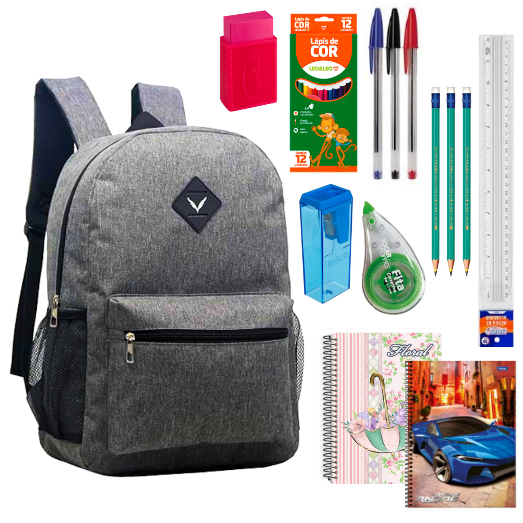 Kit Escolar Material Mochila Caderno Lapis Borracha Kit Completo