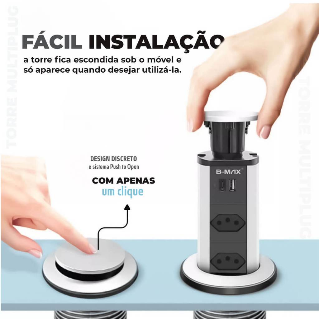 Torre De Tomada Multiplug Usb Retratil Tipo C Embutir Mesa Um