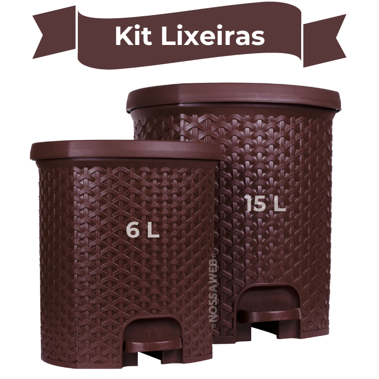 Kit Lixeiras Marrom 15 Litros 6 Litros Pedal Rattan Para Banheiro