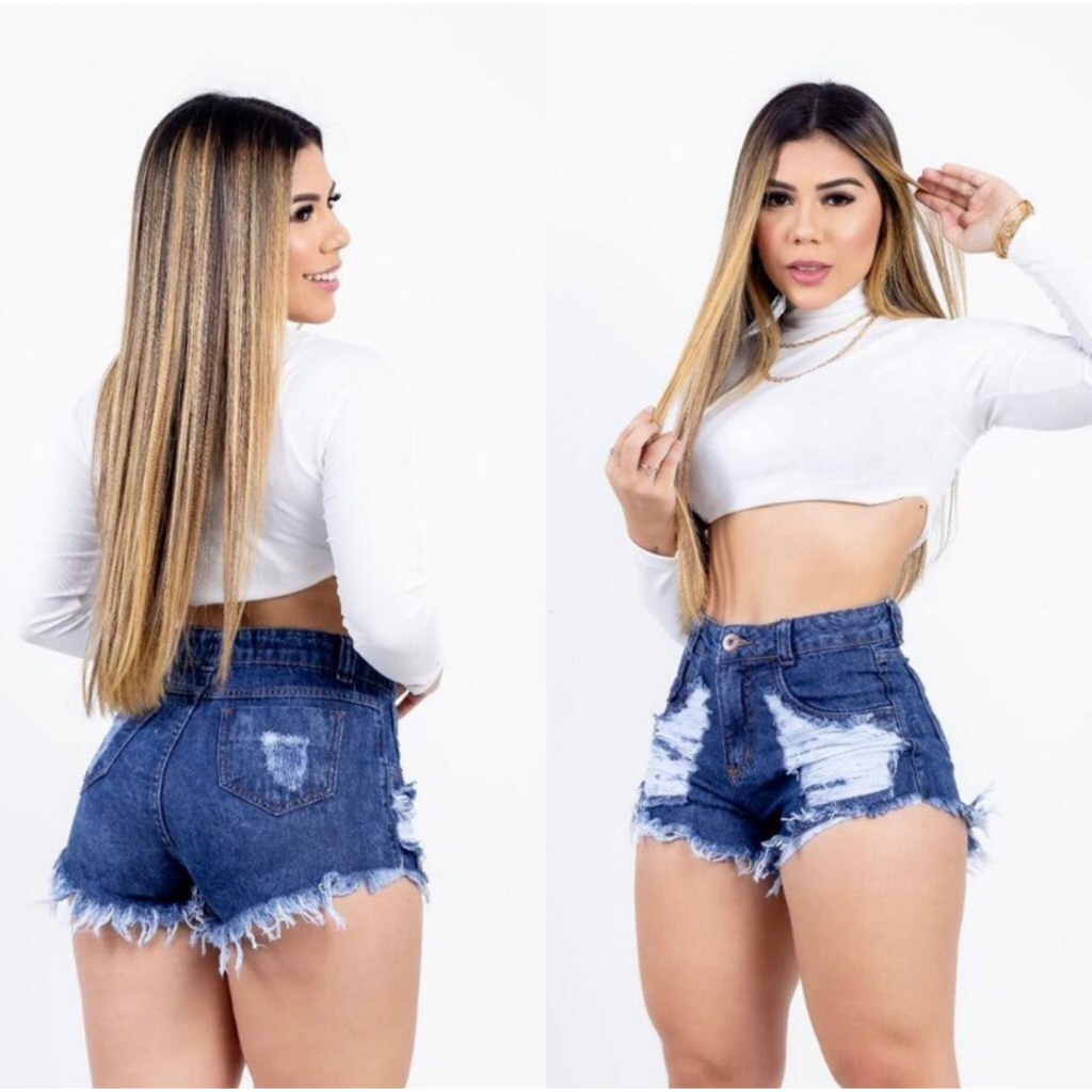 Shorts Jeans Feminino Preto Curto Cintura Alta Destroyed Hot Pants