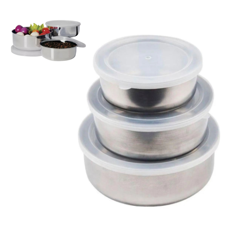 Kit Conjunto 3 Potes Vasilhas Tigelas Inox Tampas Para Armazenar