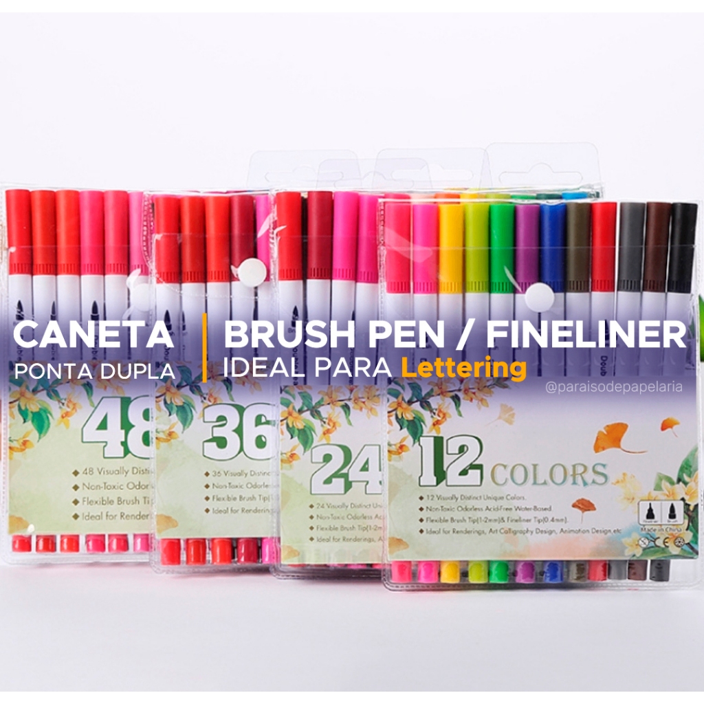 Caneta Brush Pen Kit Ponta Dupla Pincel Brushpen E Ponta Fina 0 4