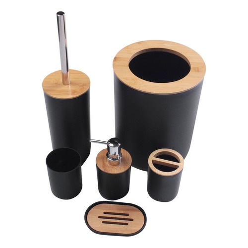 Kit Para Banheiro Bambu Porta Sabonete Escova Lixeira Escova Vaso