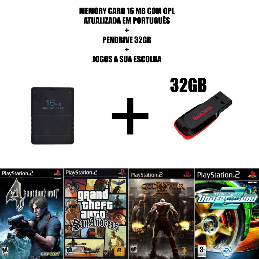 Kit Memory Card 16MB Pendrive OPL Atualizada Em Português Jogos a