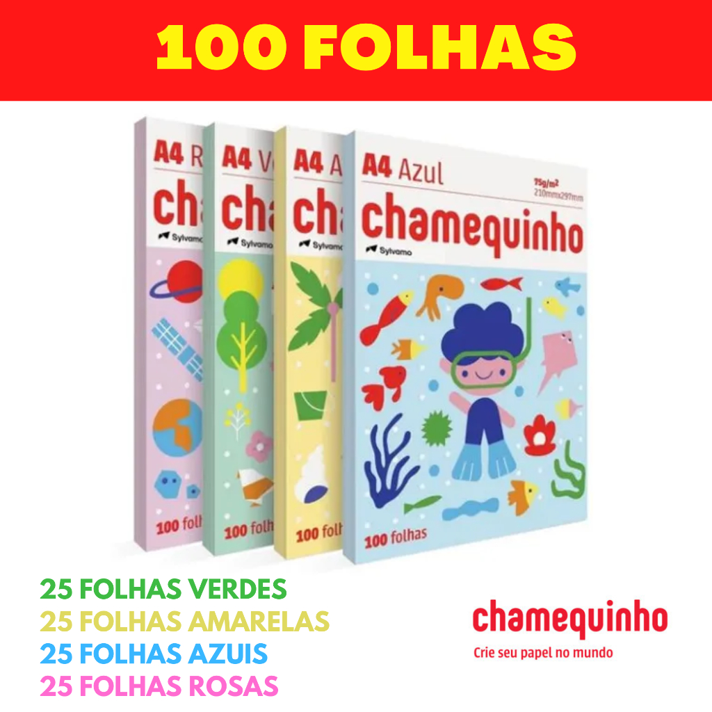 Papel Sulfite A4 Chamequinho Colorido 100 Folhas 75g Shopee Brasil