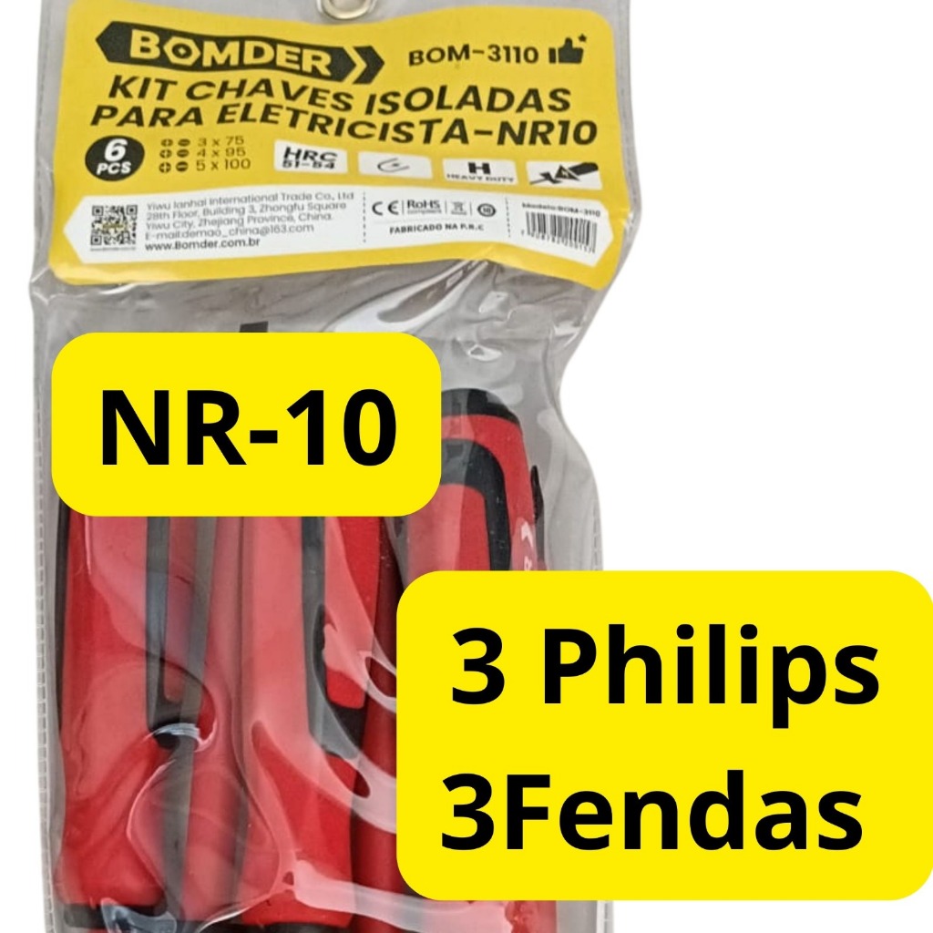 Jogo Chave Fenda E Philips Isolada Eletricista 6 Pçs Imã nr10 kit chave