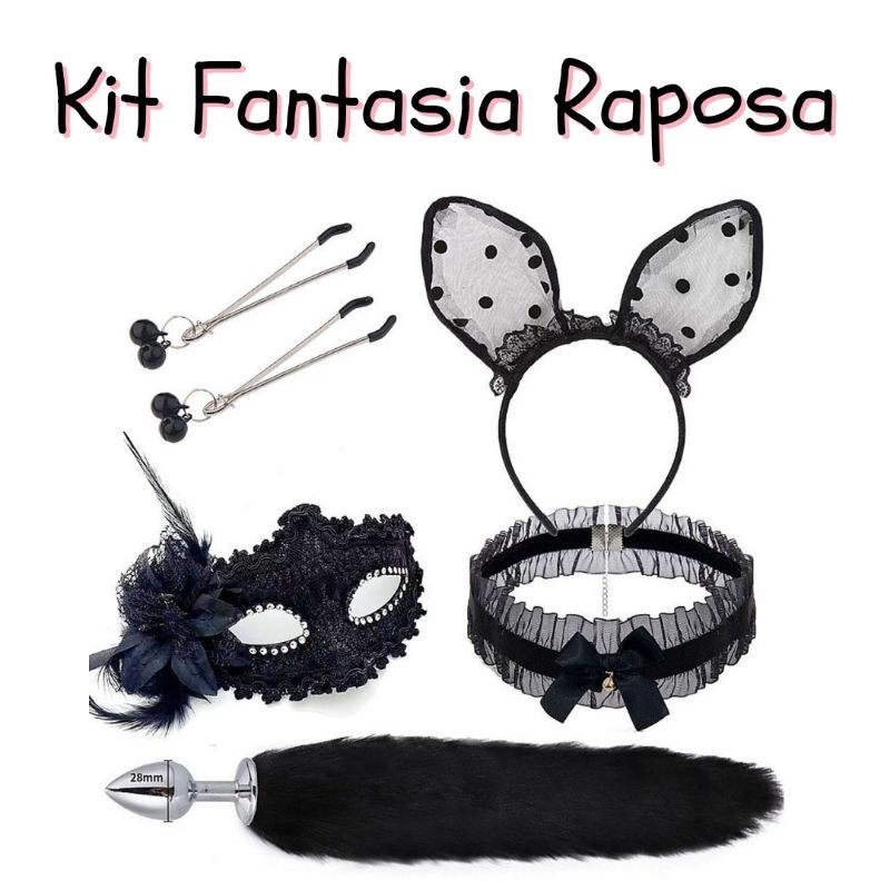 Kit Fantasia Raposa Plug Anal Rabo Tiara Grampos Seios