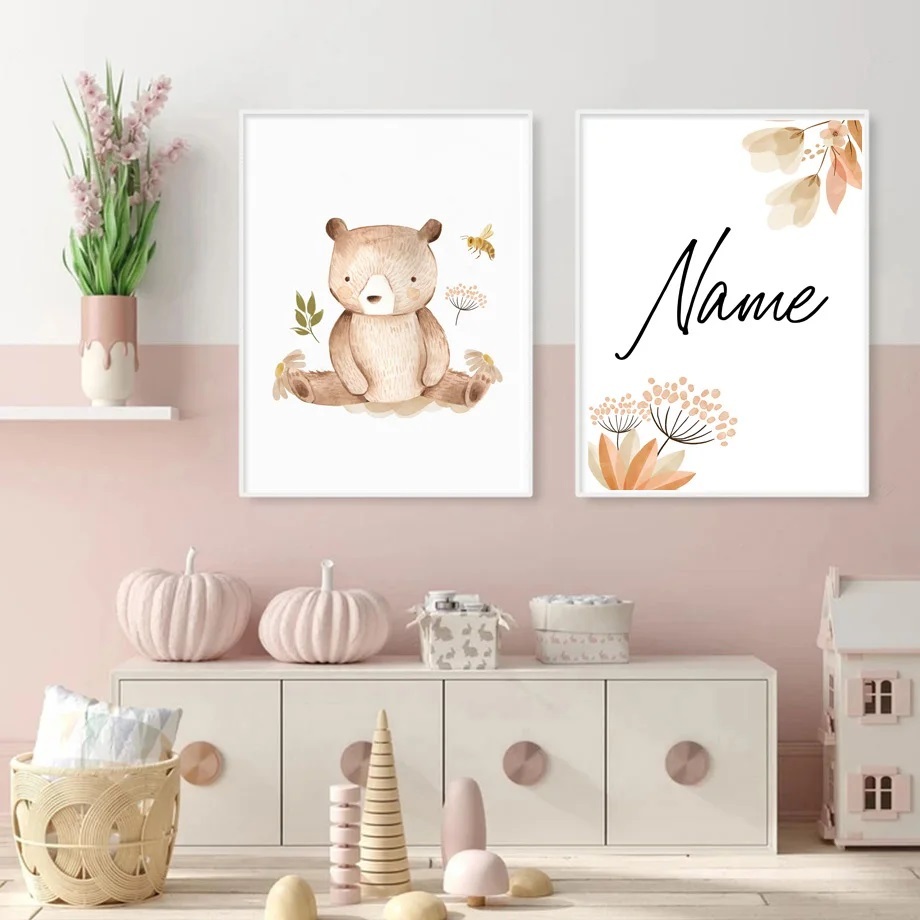 Quadro decorativo 2 peças 40x60 nome do bebê Boho nude marrom bege