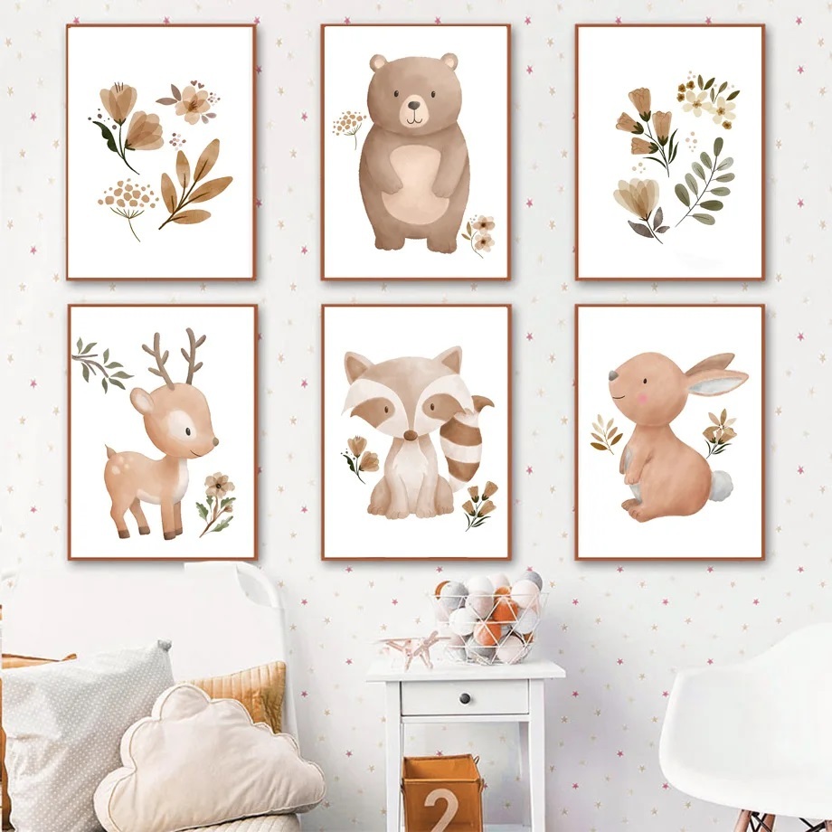Quadro decorativo 3 peças 20x30 Boho nude marrom bege veados coruja