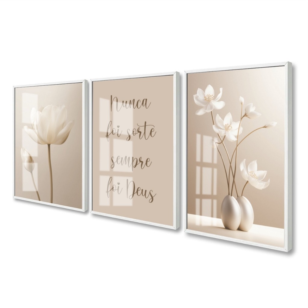 Quadro Decorativo Flores Tons Nude Bege Frases Moldura E Vidro Sala