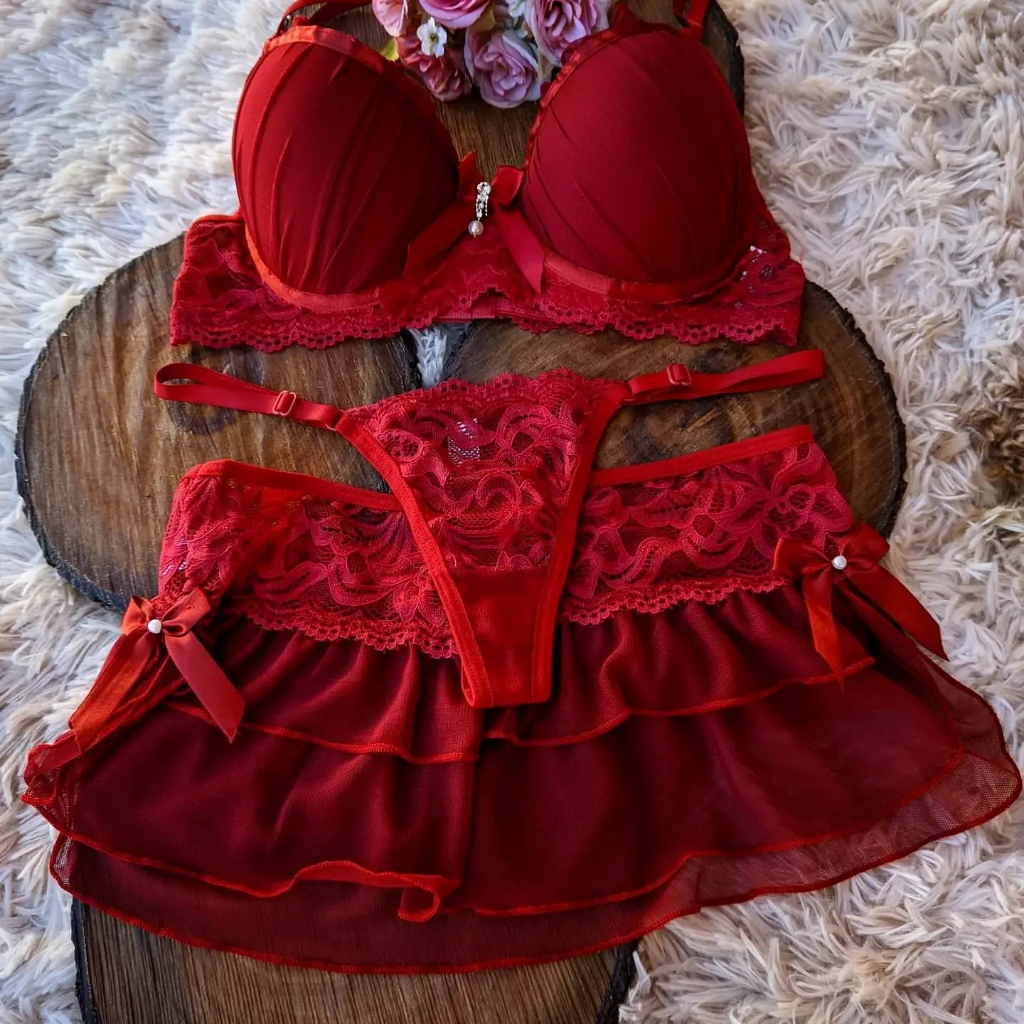 Lingerie Sutiã Calcinha Fio Dental e Saia Conjunto Langerie Sensual