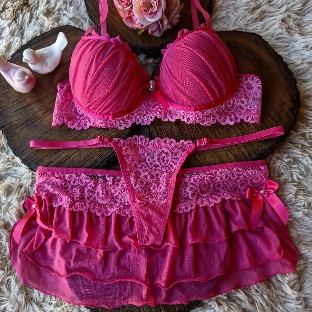 Lingerie Sutiã Calcinha Fio Dental e Saia Conjunto Langerie Sensual