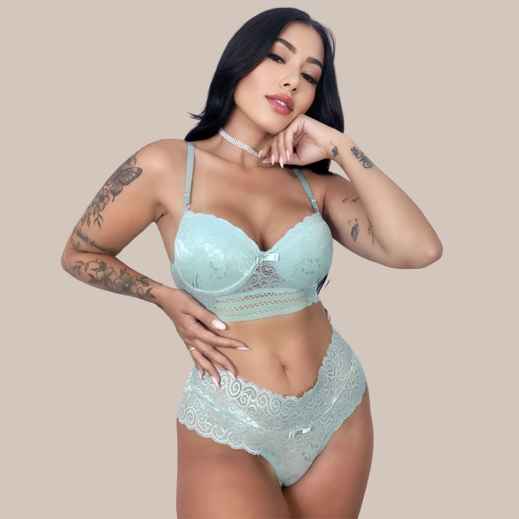Lingerie Sexy Conjunto Em Renda Suti Bojo E Calcinha Hotpants