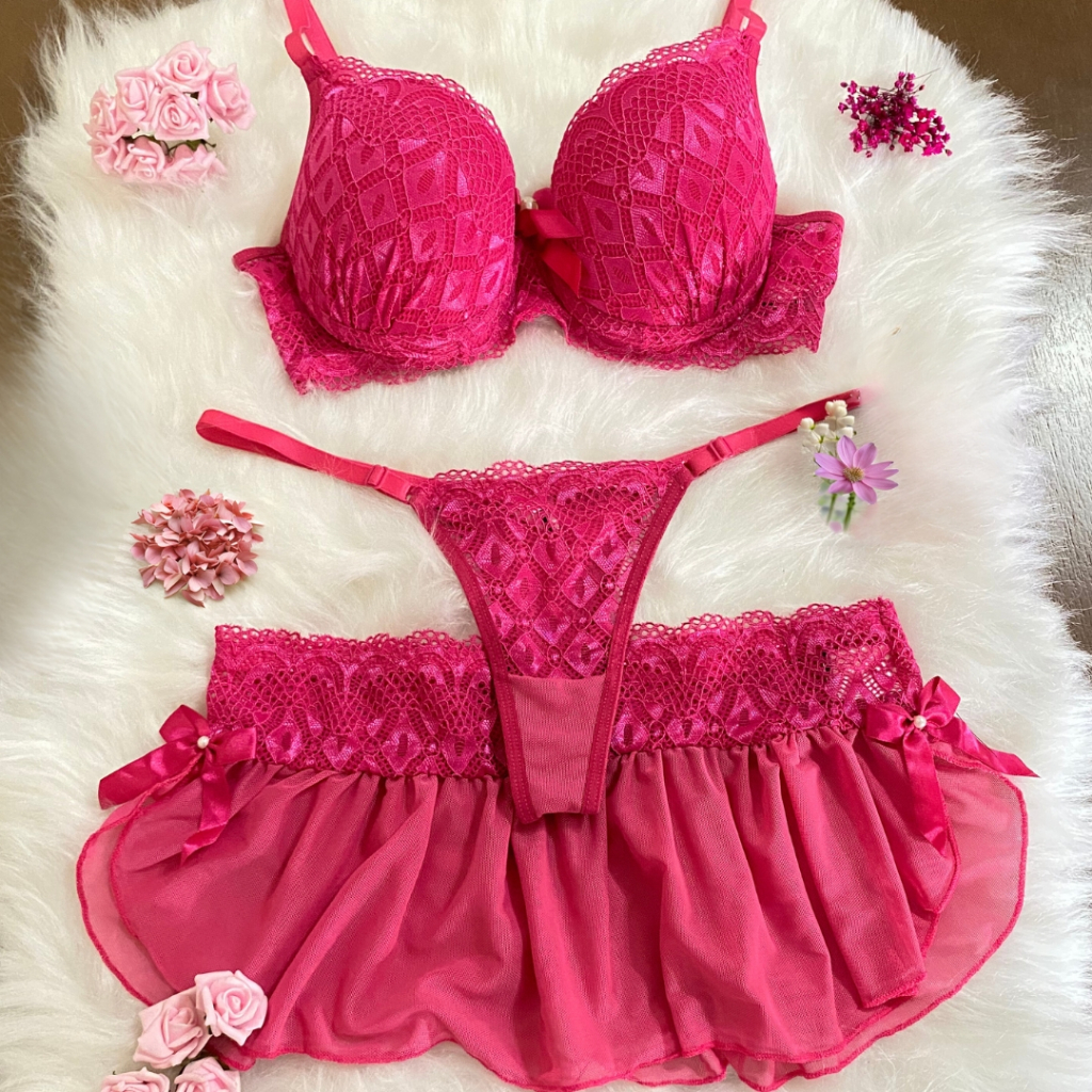 Conjunto Trio Serena Lingerie Bojo Sensual Roupa Intima Saia