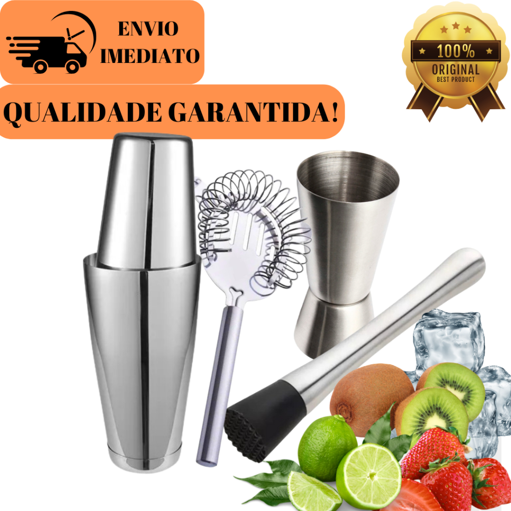 Kit Coqueteleira Boston Coador Socador Dosador Em Inox De