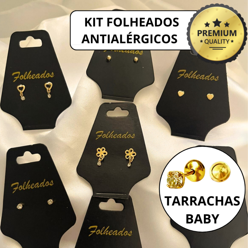 Kit Pares Brincos Infantil Tarraxa Baby Folheados A Ouro Antialergico