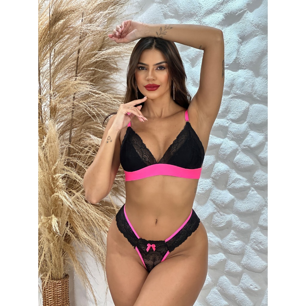 Conjunto Neon Sem Bojo Sem Aro Rendado Forro Delicado Sexi Sensual