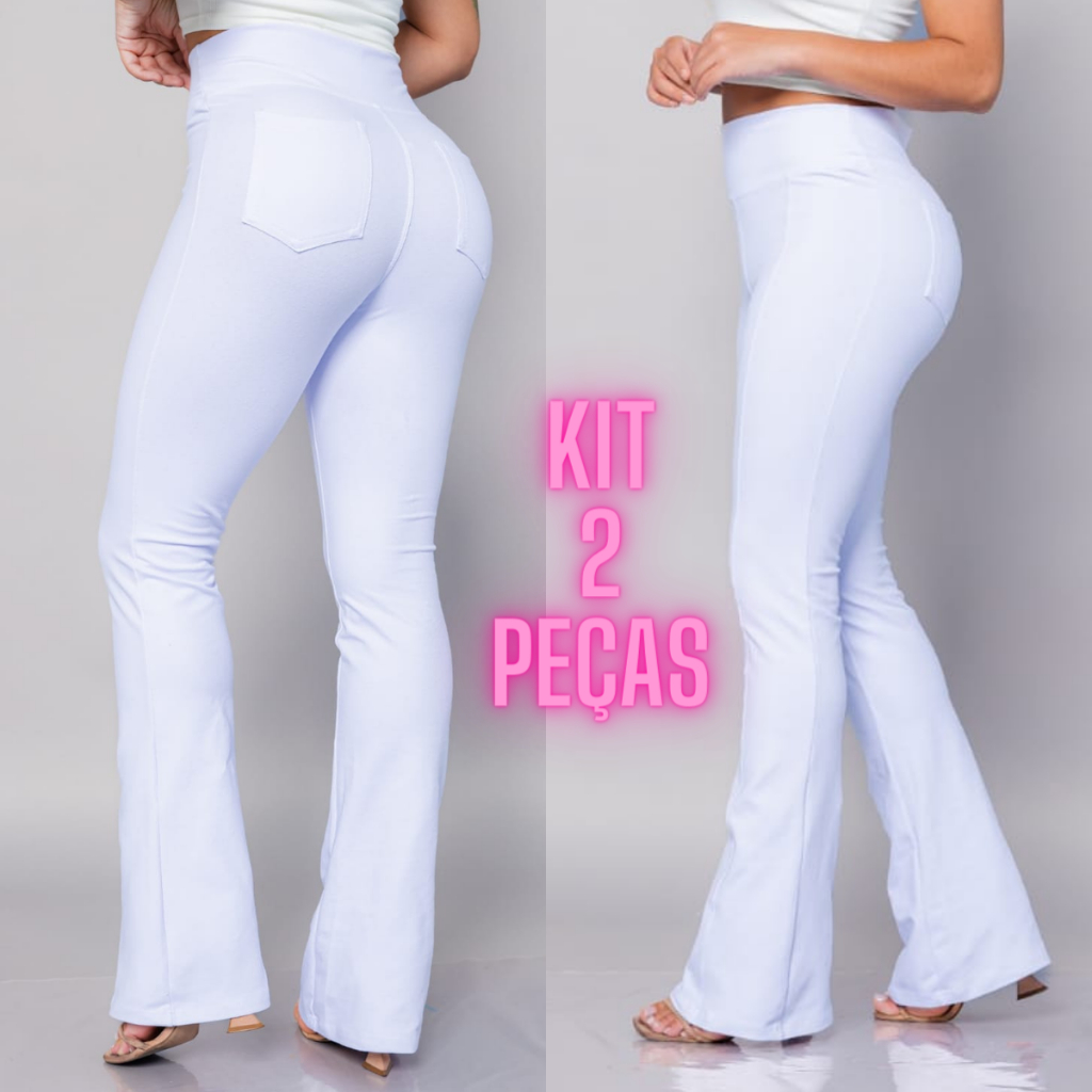 Kit Cal A Flare Branca Feminina Cotton Jeans Fake Cintura Alta