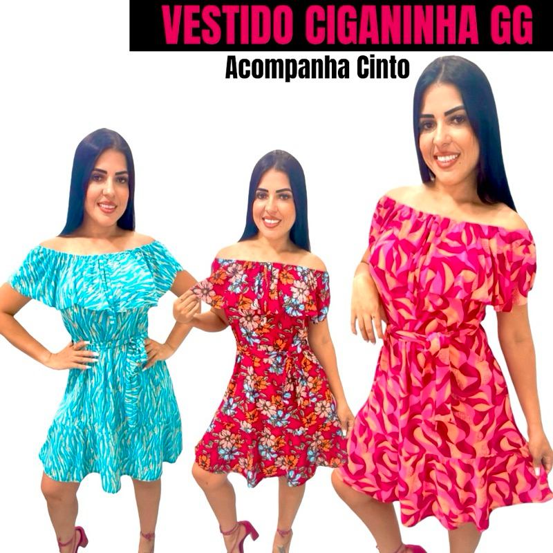 Vestido Feminino Ciganinha Estampado Ombro A Ombro Cinto Soltinho