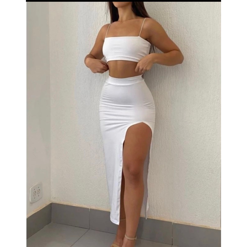 Conjunto Olívia saia longa fenda e cropped suplex Canelado Branco