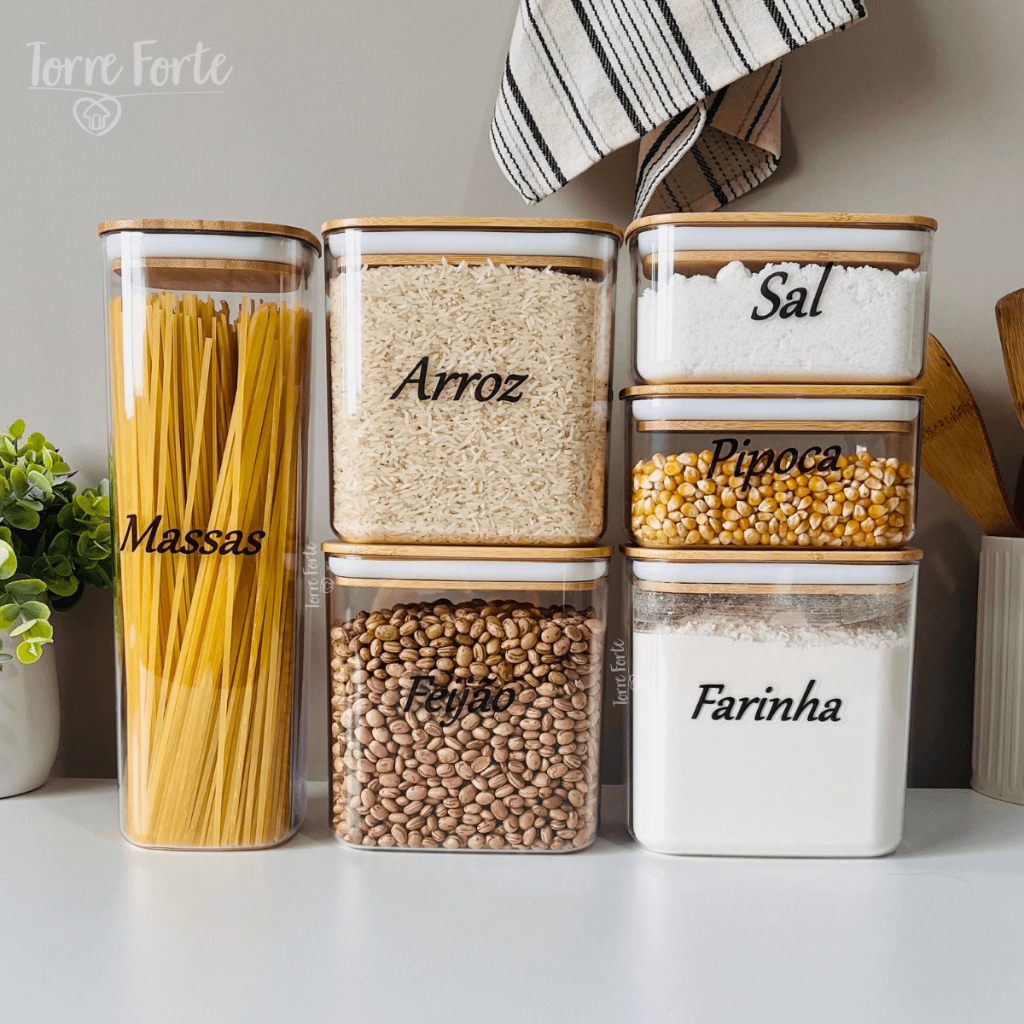 Kit Potes Herm Ticos Porta Mantimentos Alimentos Tampa Bambu