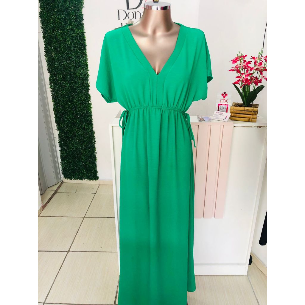 Vestido Longo Feminino De Viscolinho Manga E Amarra Es Na Lateral