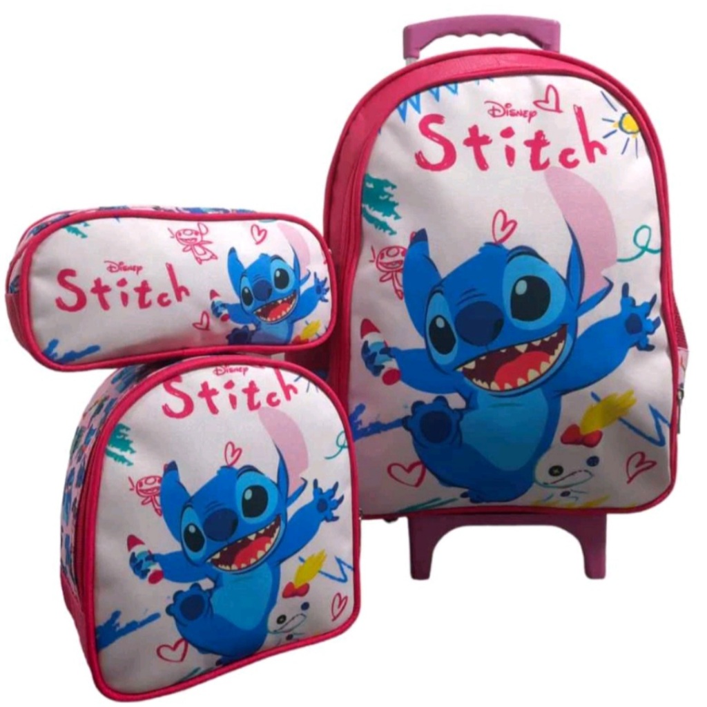 Kit Mochila Rodinhas Feminina Infantil Lilo E Stitch Lancheira