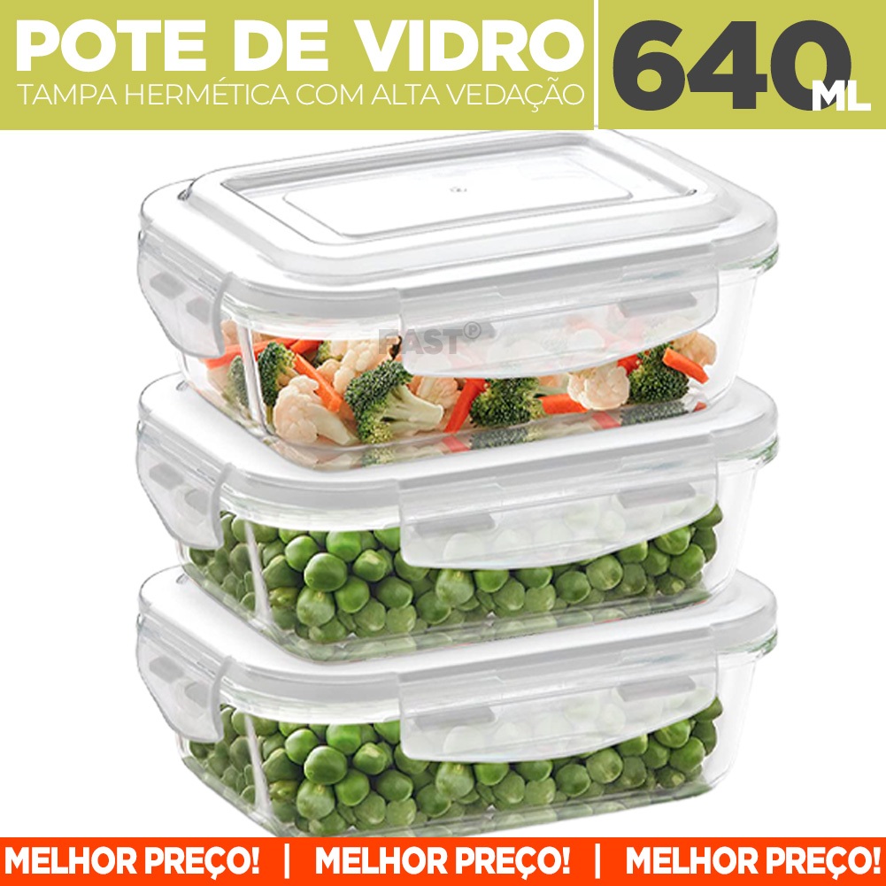 Kit 3 Pote de Vidro 640ML Tampa Hermética Trava Alta Vedação Em