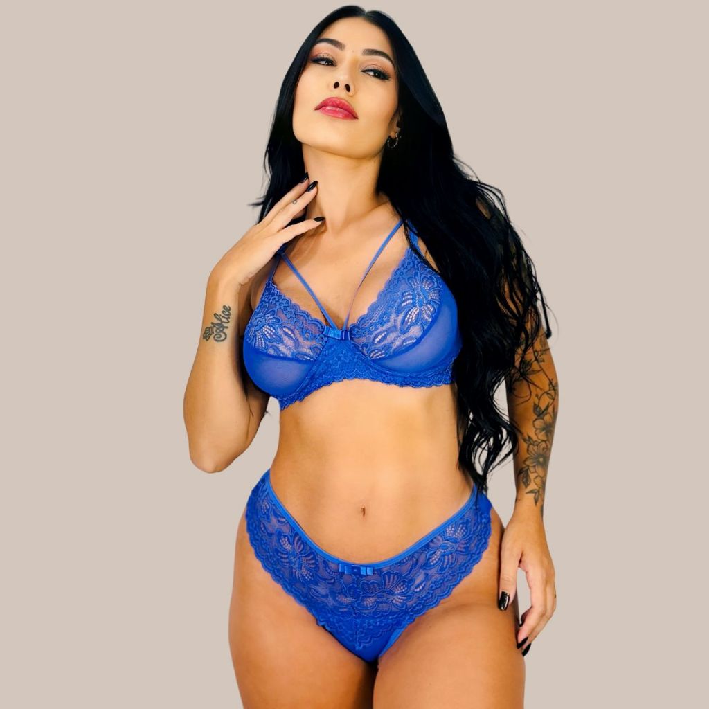 Conjunto Lingerie Sexy Renda Sem Bojo Aro Calcinha Fio Duplo E Tule