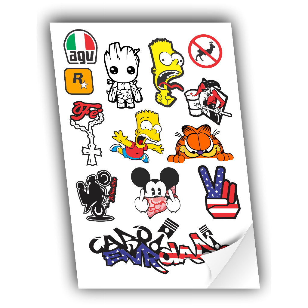 Cartela Adesivos Stickers Figurinhas Para Moto Bike Carro Moto Capacete