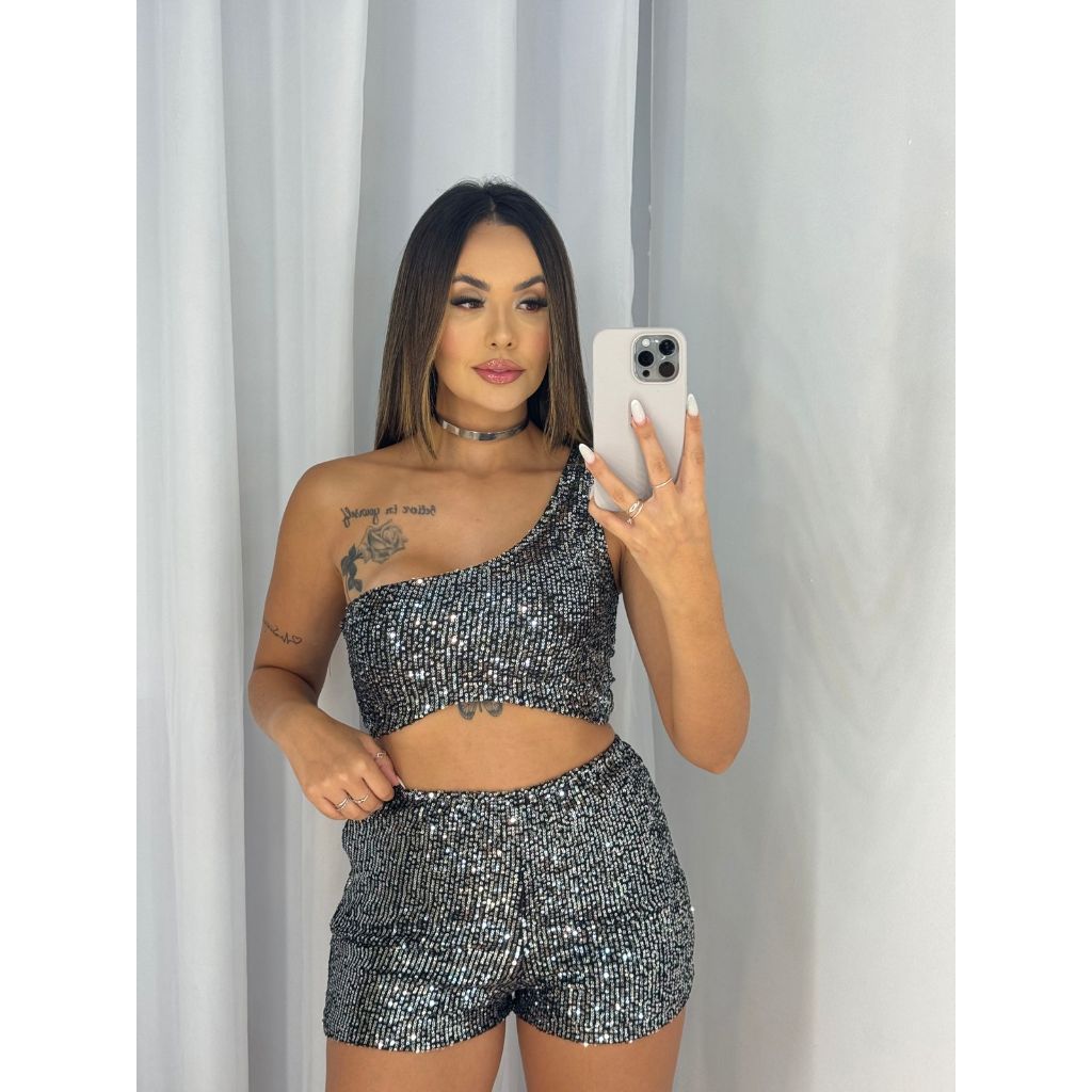 Conjunto Paete Balada Prata Feminino Brilhante Duas Peças Mula Manca