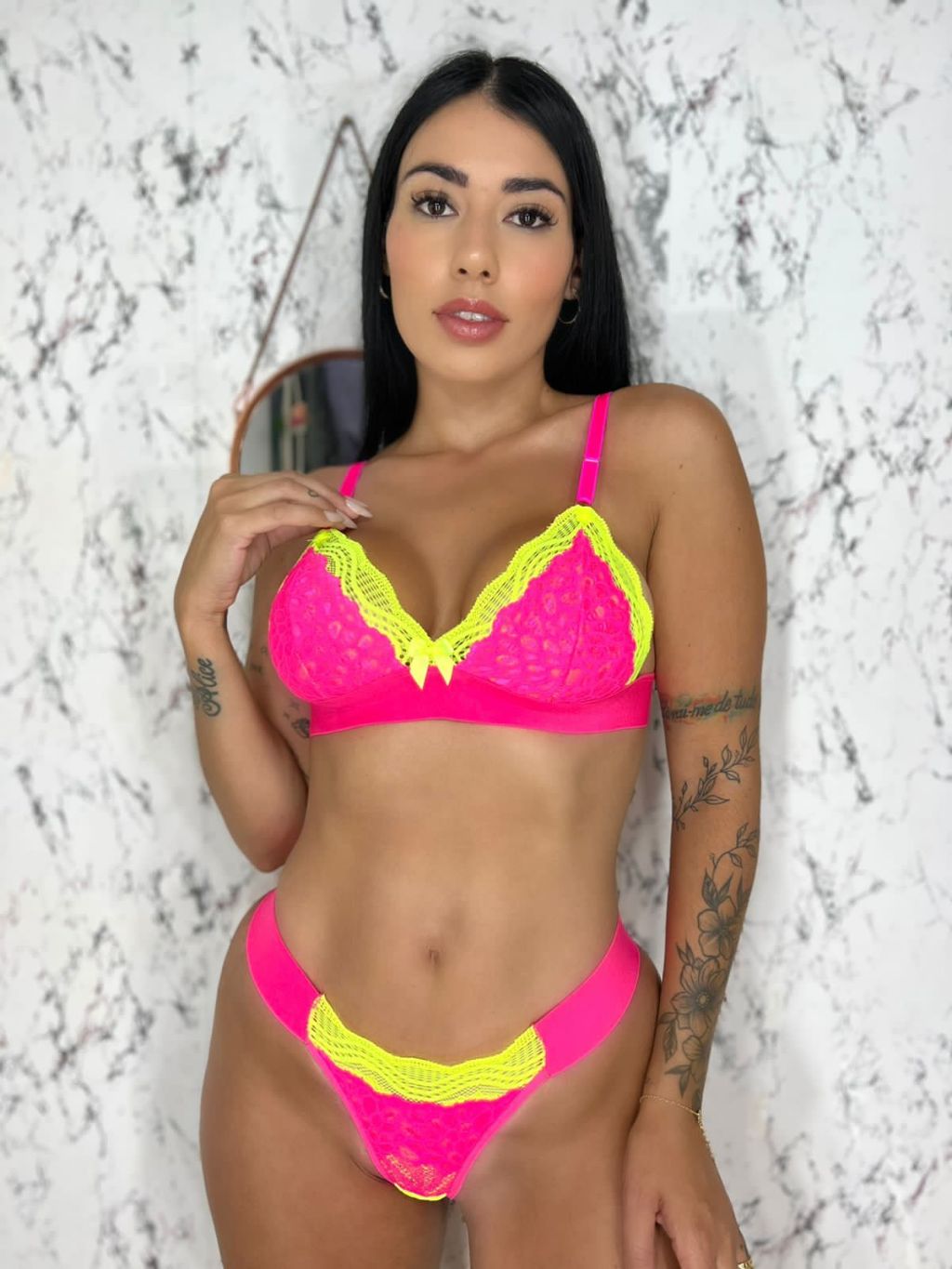 Conjunto Lingerie Neon Feminino Renda Elastico Bicolor Sem Bojo