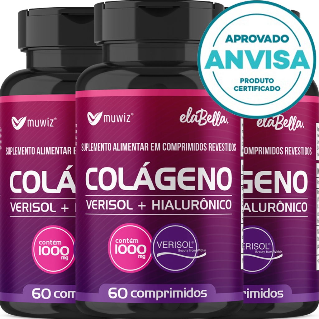 KIT 3 Unidades Colágeno Verisol Ácido Hialurônico 60 Comprimidos