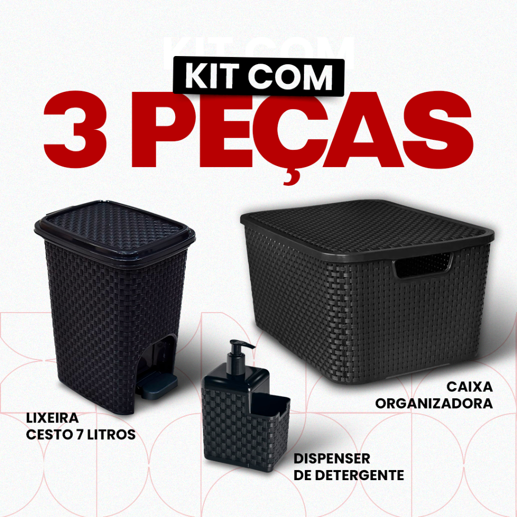 Kit Cozinha Lixeira Rattan Cesto 7 Litros Pedal Porta Detergente