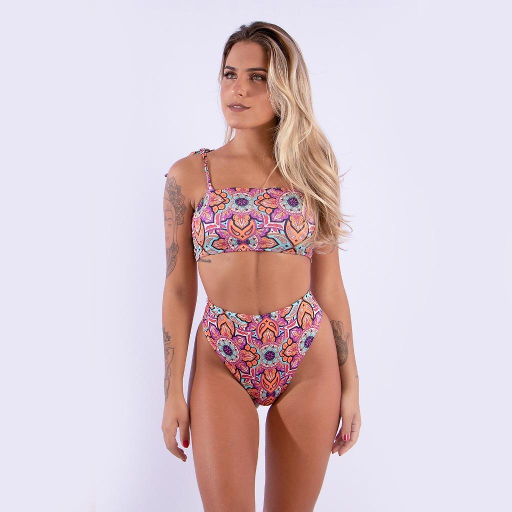 Biquíni Estampado Mandala Rosa Top Faixa Hot Pants Cintura Alta Cropped