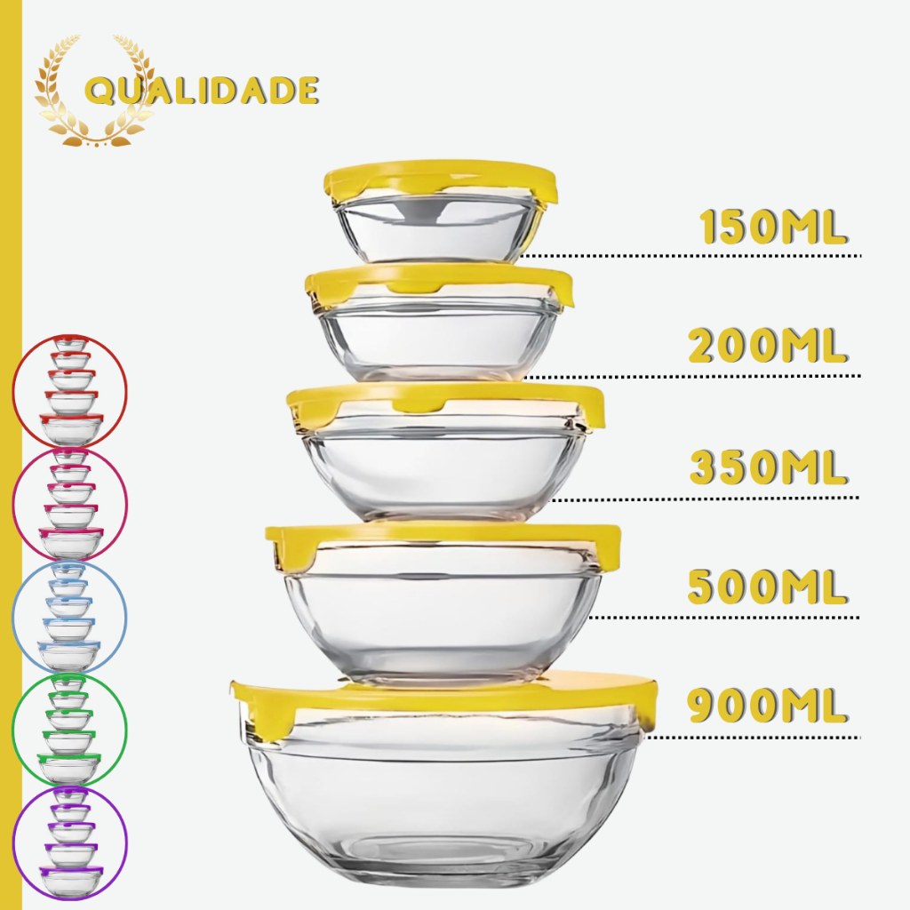 Conjunto 5 Potes Em Vidro Tampa Vasilhas Tigelas Bowls Marmita Para