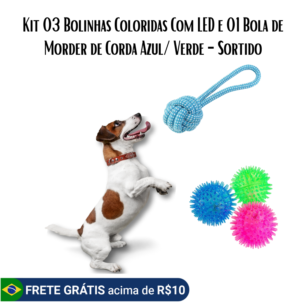 Kit Brinquedos Para Cachorros 3 Bolinhas Coloridas E Corda Mordedoras