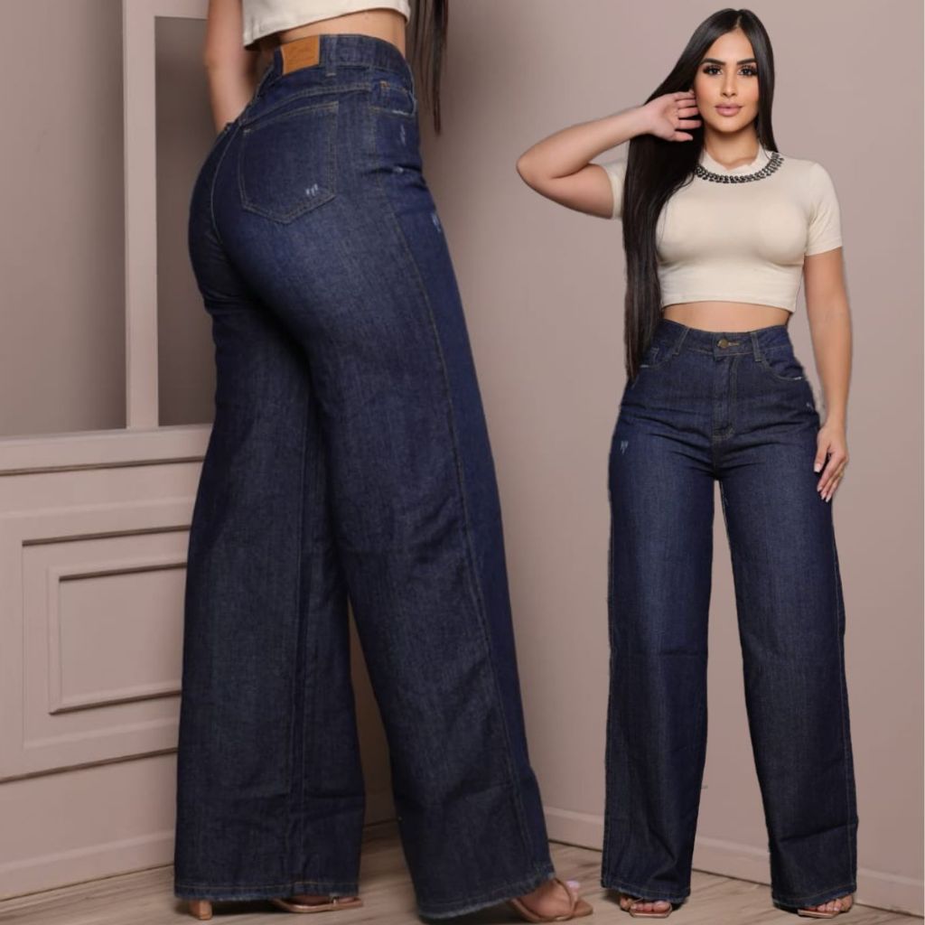 Calça Jeans Feminina Wide Leg Escura Cintura Alta Pantalona Casual