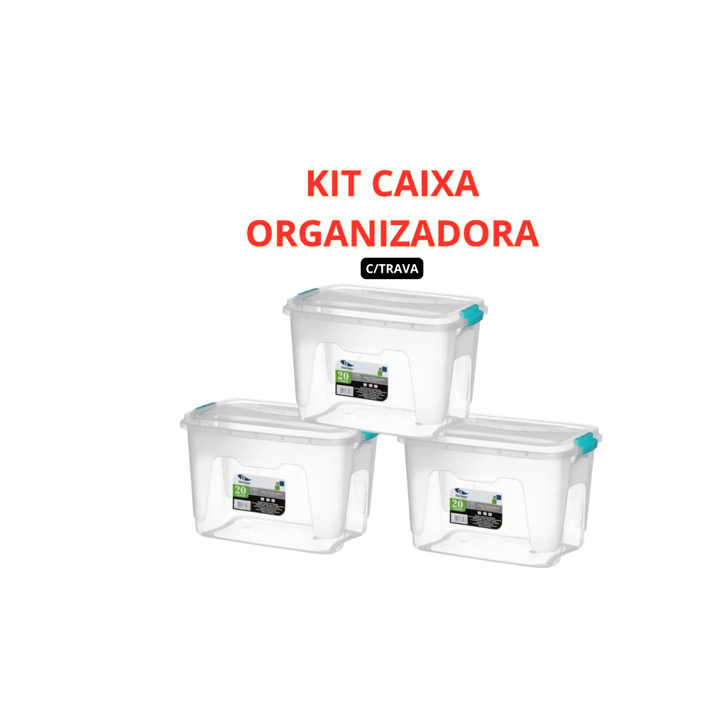 Kit Caixa Organizadora Alta Transparente Trava Multiuso 20L