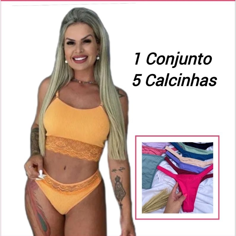 Conjunto Lingerie Cropped 5 Calcinhas Tangas Fio Duplo Shopee Brasil