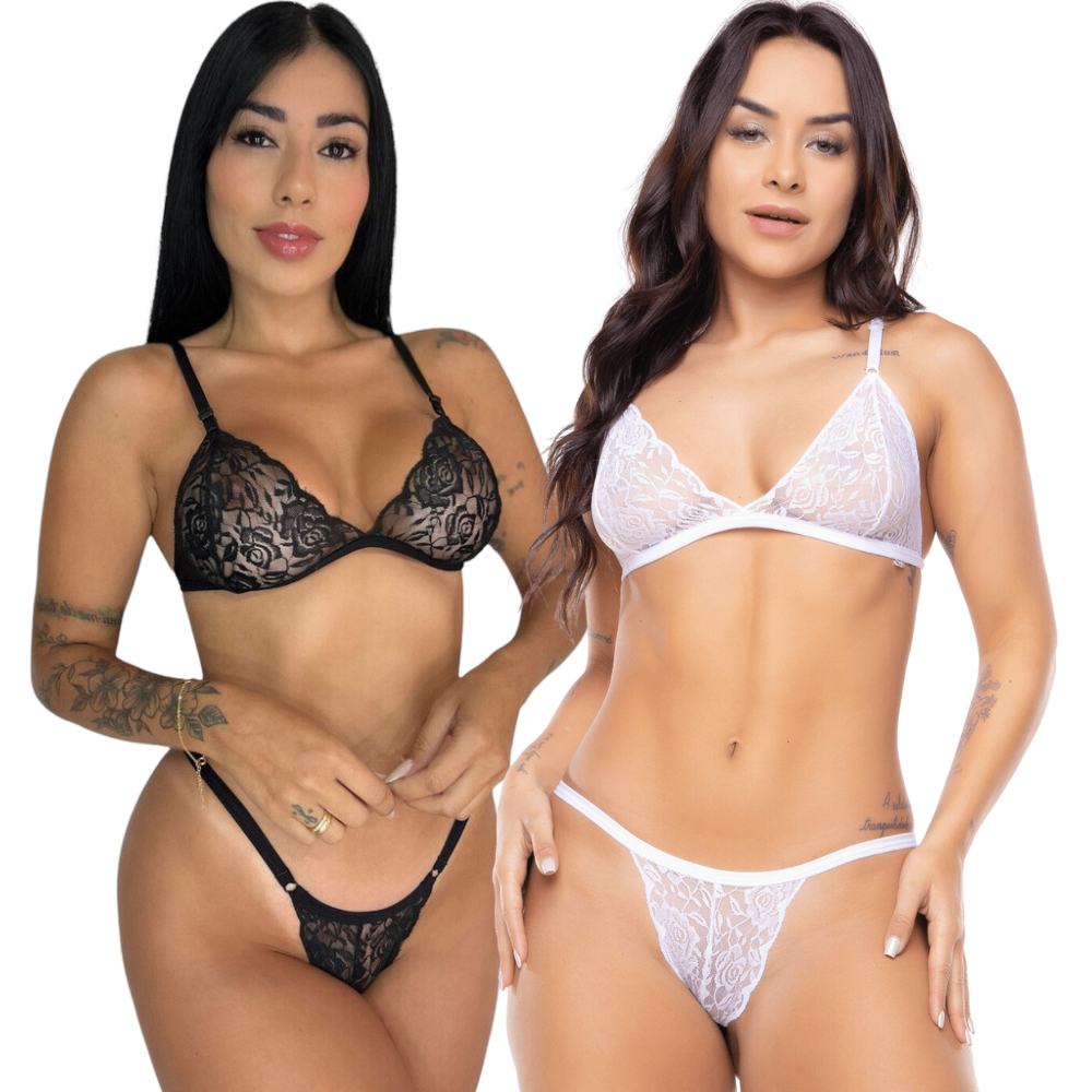 Kit 2 Conjunto Lingerie Renda Sexy Sensual Feminino Transparente