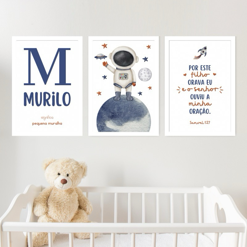 Kit 3 Quadros Decorativos 30x45 Infantil Personalizado Nome Bebê Para