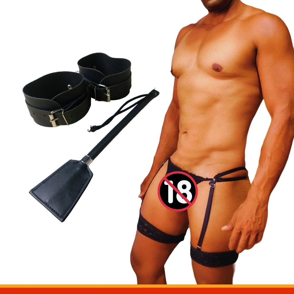Kit Cinta Liga Masculina E Chibata Tanga Masculina Lingerie Renda Preta